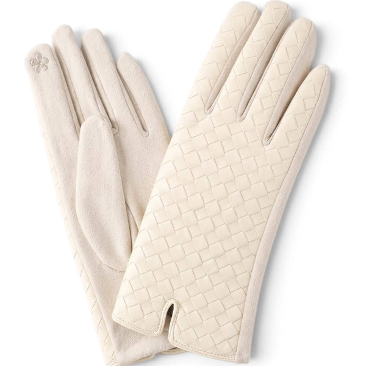 Quilted Faux Leather & Faux Suede Touchscreen Gloves in Ivory