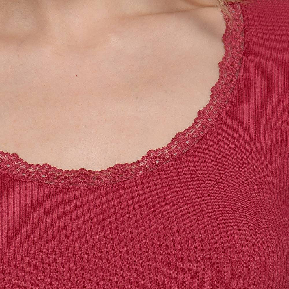 Long Sleeve Scoop Neck with Lace Trim Rib Knit Top