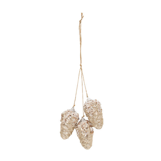 Ornament - Champagne Glitter Hanging Pinecone Trio