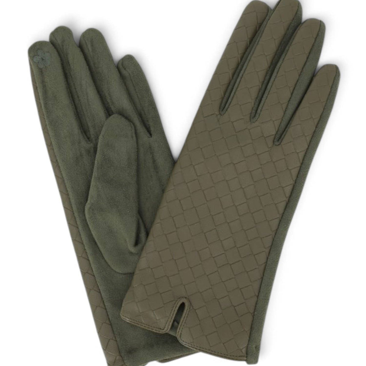 Quilted Faux Leather & Faux Suede Touchscreen Gloves in Olive