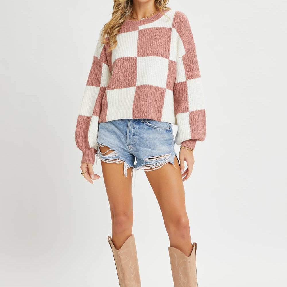 Checker Relaxed Fit Comfy Sweater in Mauve 2877