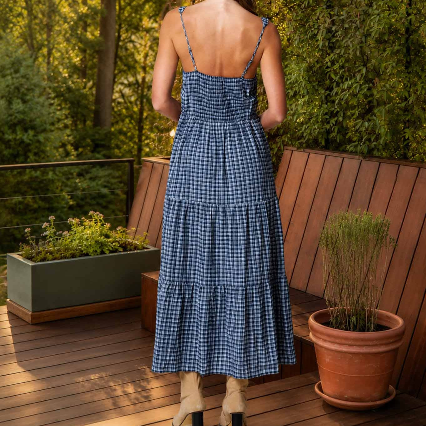 Plaid Front Tie Corset Detail Tiered Midi Dress