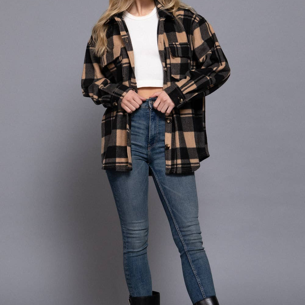 Taupe Long Sleeve Plaid Fleece Shacket 2924