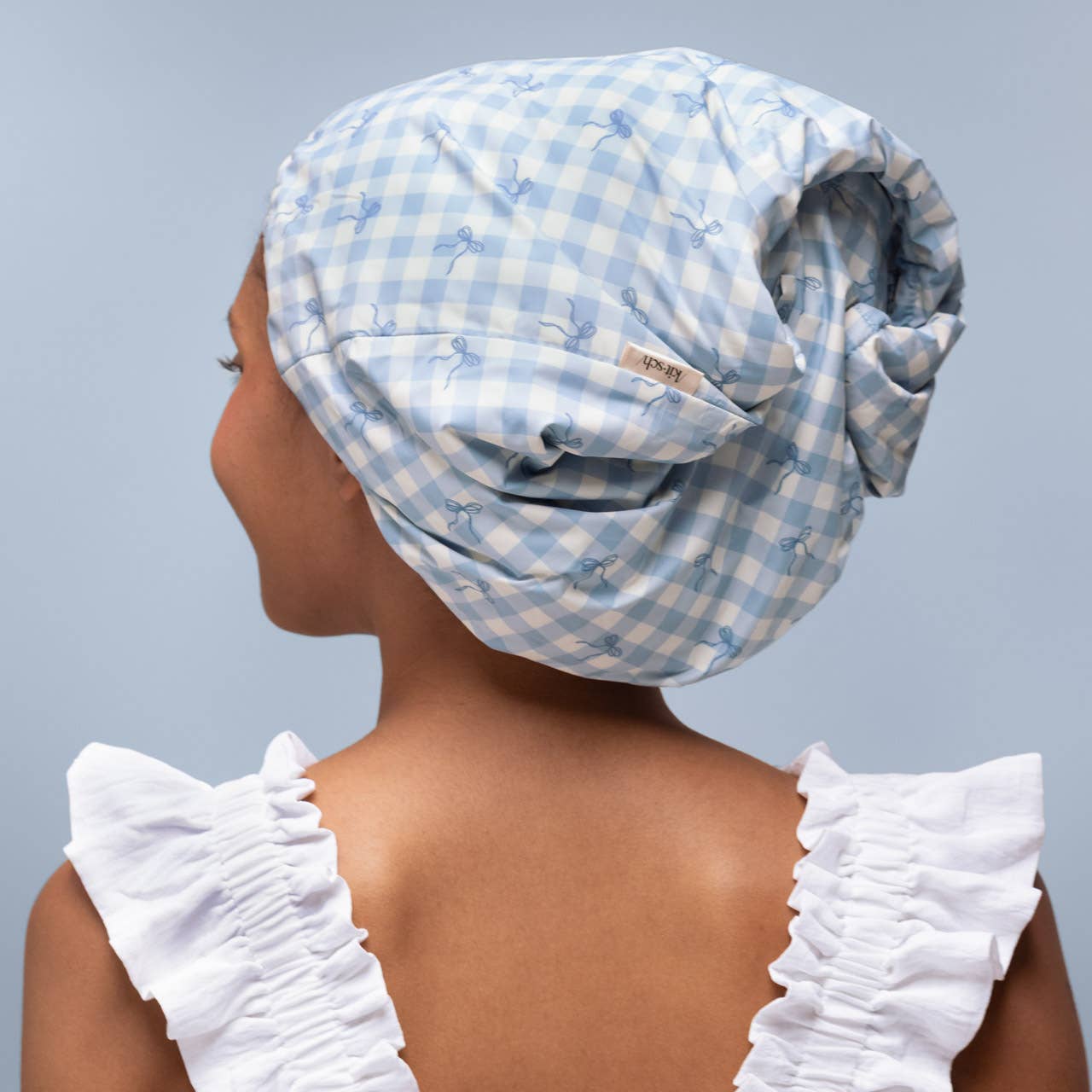 CC Satin Lined Flexi Shower Cap - Gingham Blue