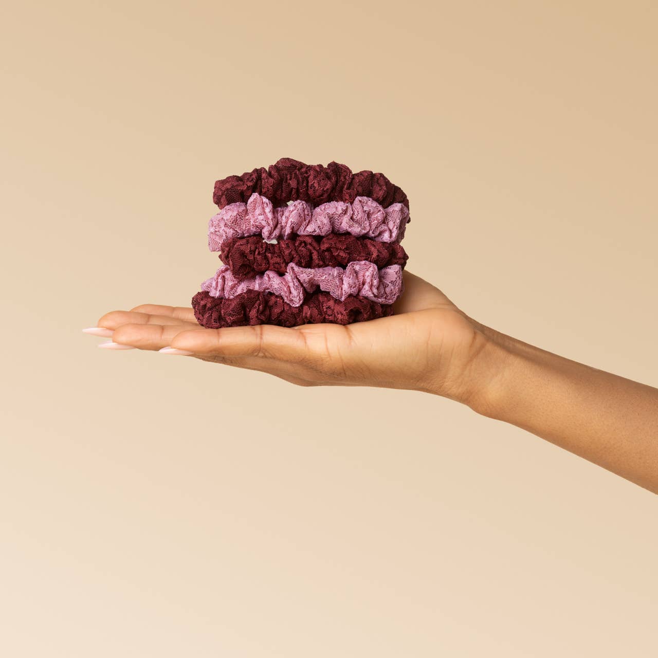 CC Ruched Lace Scrunchies 5pc Set - Cherry Lacquer & Dusty Pink