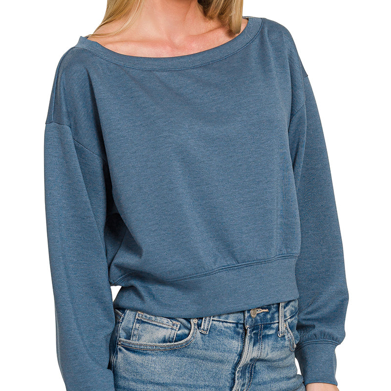 Scuba Cropped Boat Neck Pullover Sweatshirt in Dusty Blue 2904