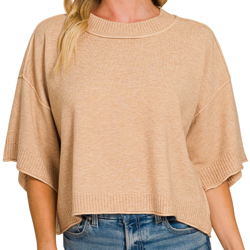 Viscose Mock Neck Short Sleeve Sweater in Beige 2901