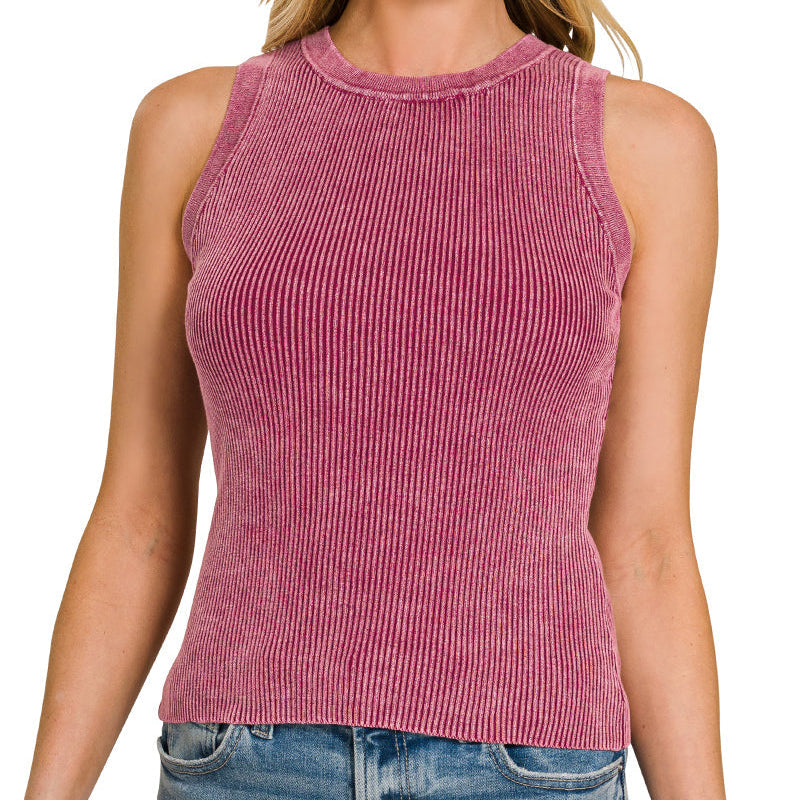 Washed Raspberry Ribbed Sweater Tank