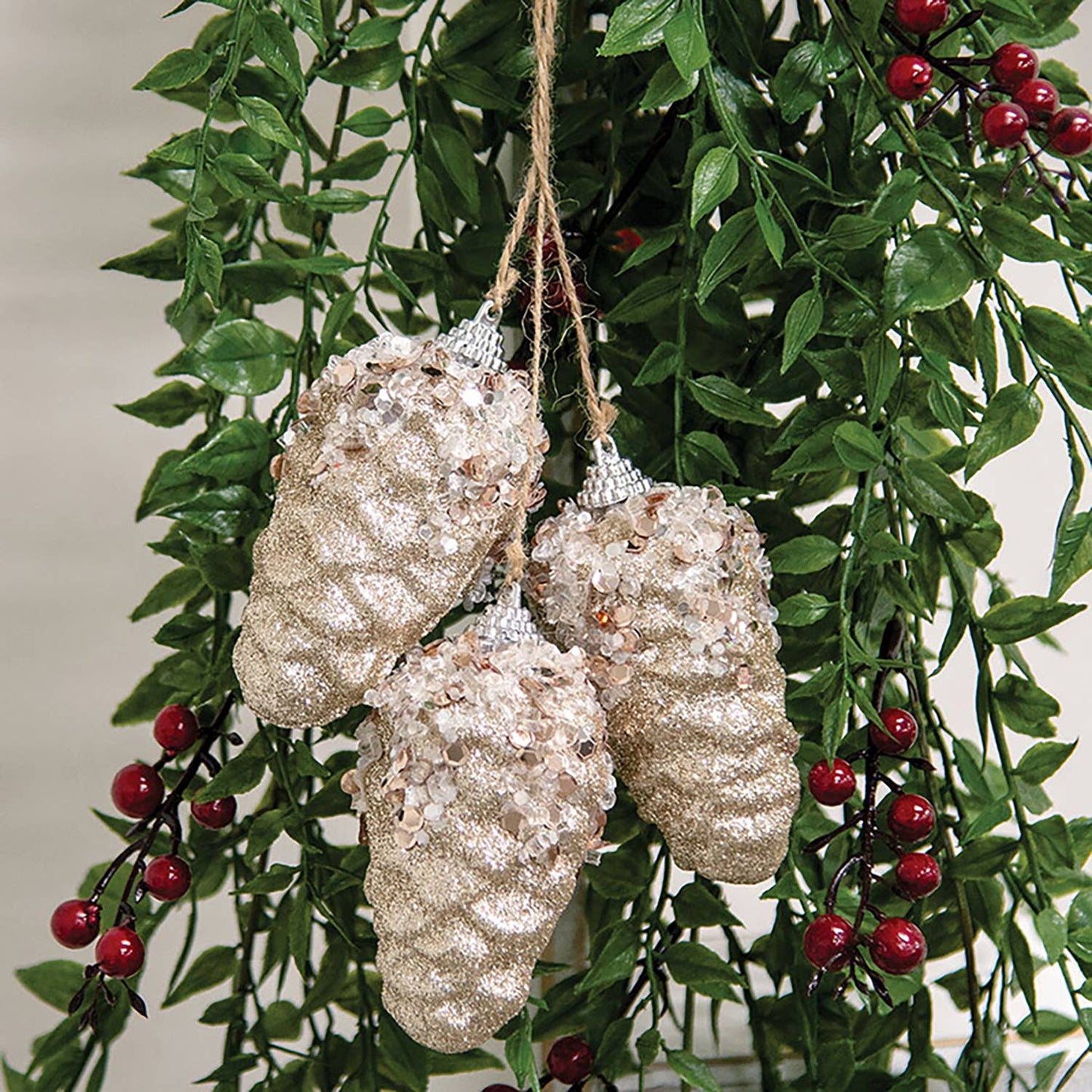 Ornament - Champagne Glitter Hanging Pinecone Trio