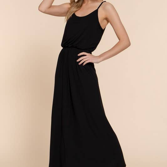 Black Elastic Waist Midi Cami Knit Dress