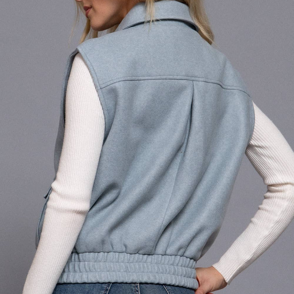 Pale Blue Notched Collar Soft Felt Zip Up Vest