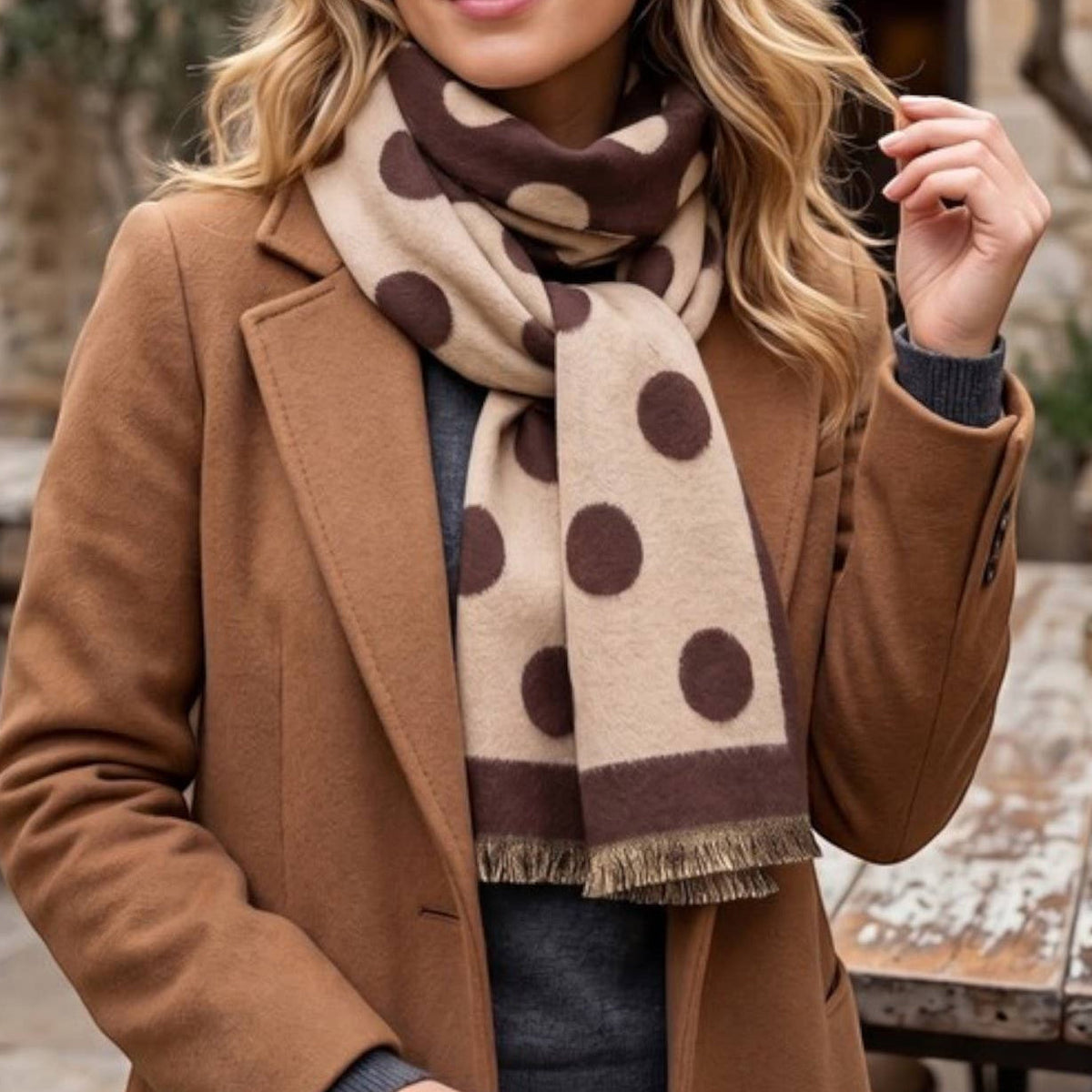 Two Tone Polka Dots Print Reversible Scarf Wrap in Beige
