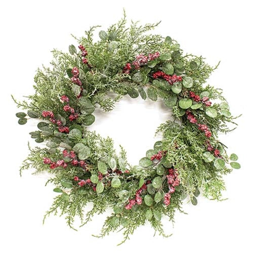 24in Frosted Eucalyptus, Cedar and Red Berry Wreath