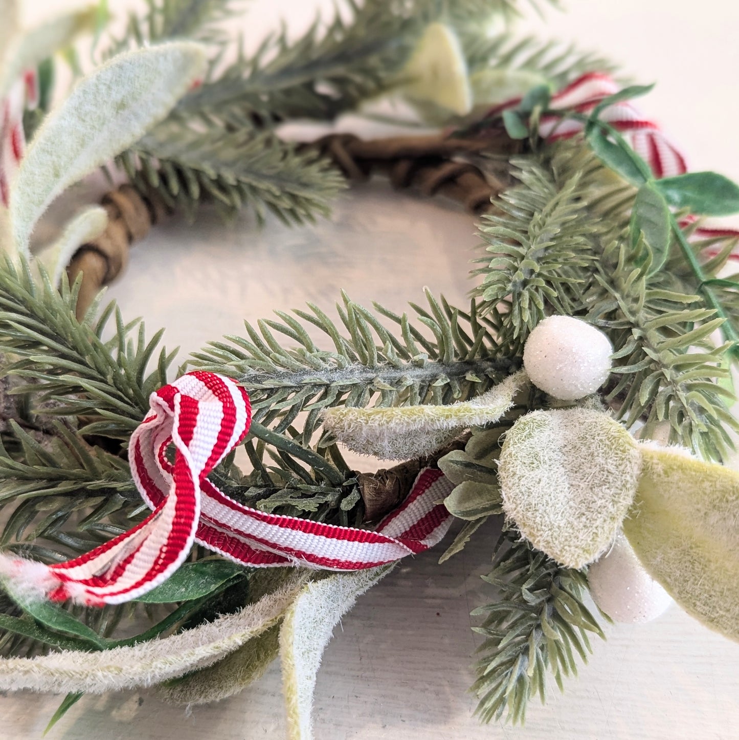 Flocked Lamb's Ear w/White Berries & Peppermint Ribbon Candle Ring