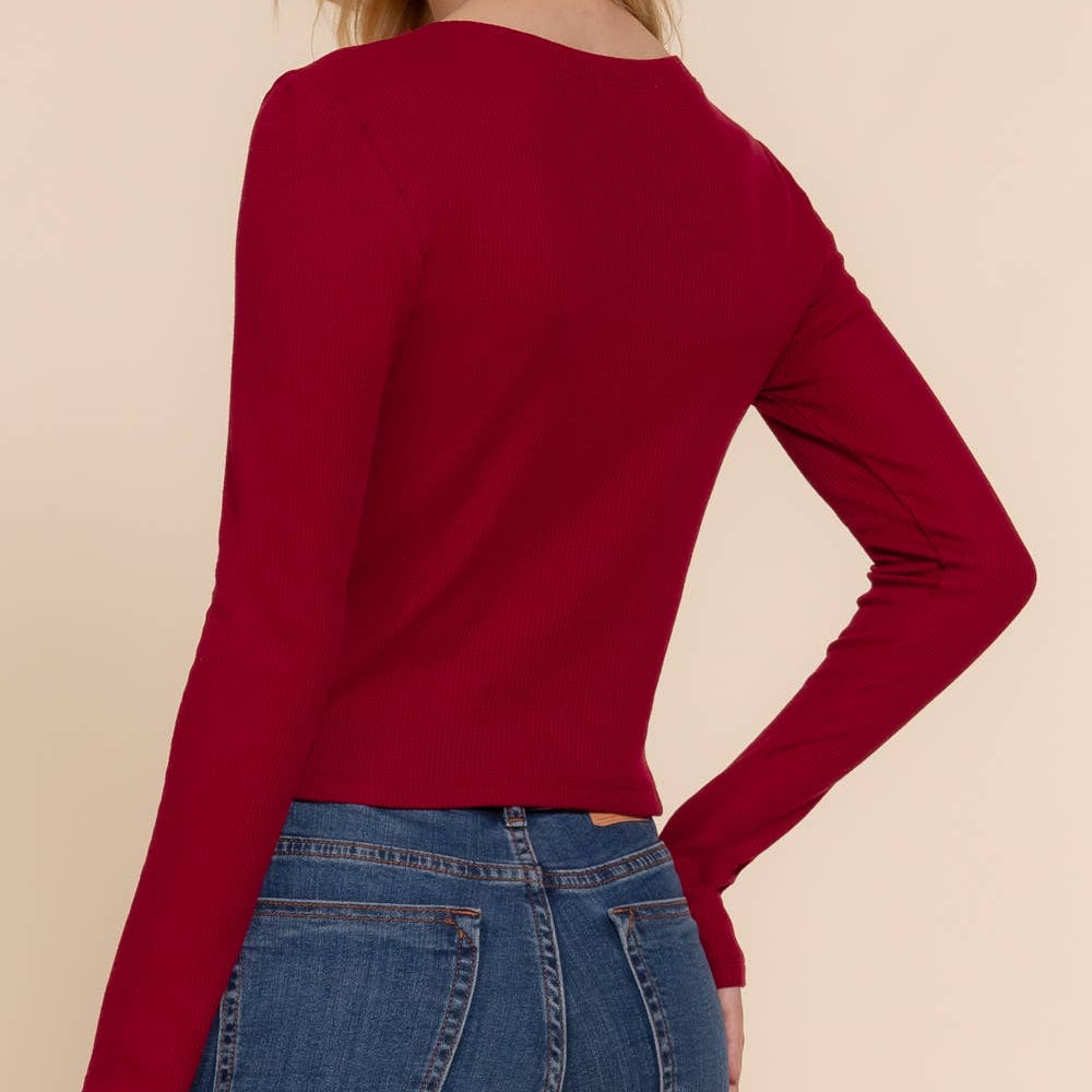 Long Sleeve V-Neck Thermal Crop Knit Top