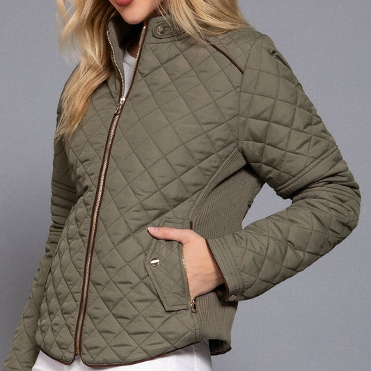 Olive Suede Piping Detail Rib Quilted Padding Jacket 2921