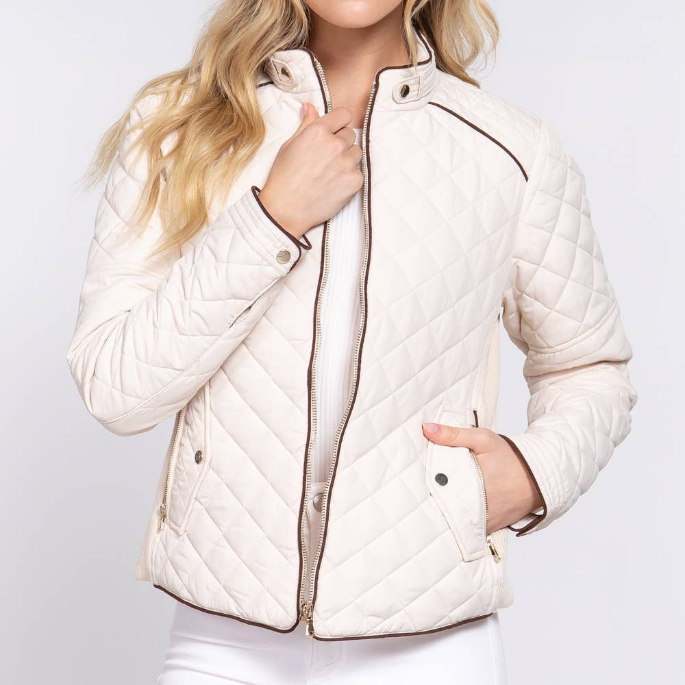 Ivory Suede Piping Detail Rib Quilted Padding Jacket 2920