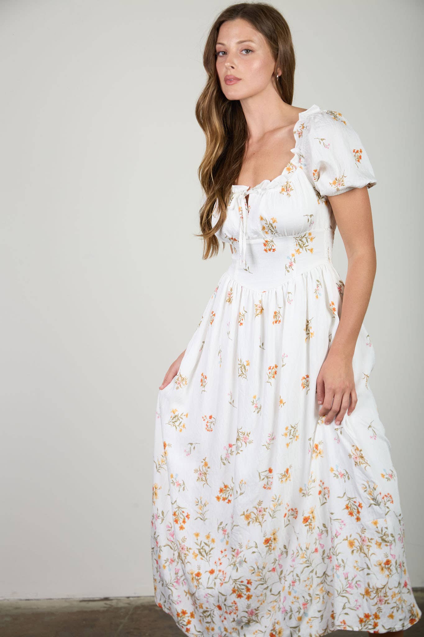 Falling Floral Puff Sleeve Corset Midi Dress