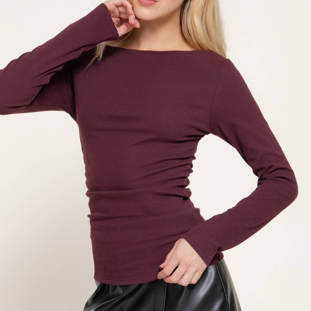 Plum Boat-Neck Shirred Ribbed Knit Top 2929