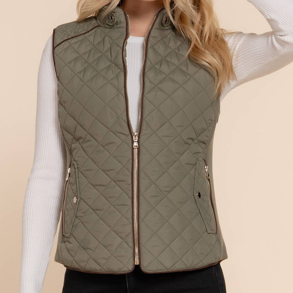 Olive Suede Piping Quilted Padding Vest PLUS 2917