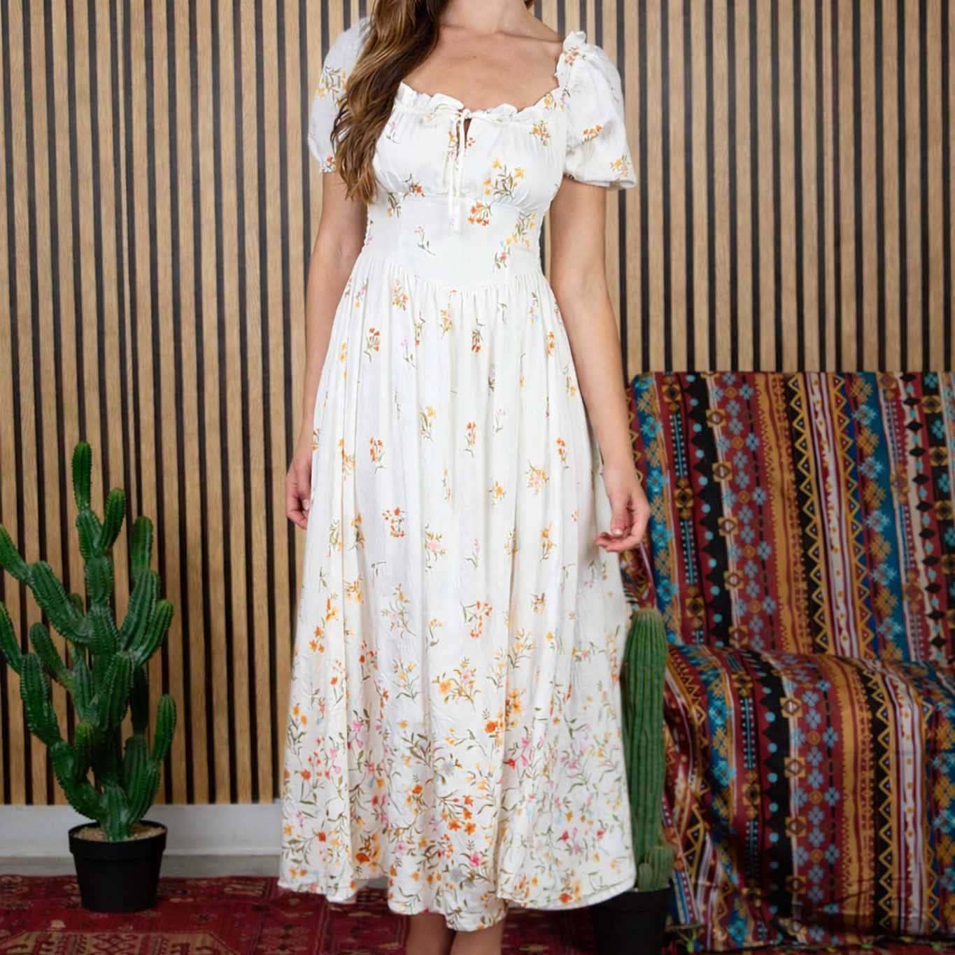 Falling Floral Puff Sleeve Corset Midi Dress