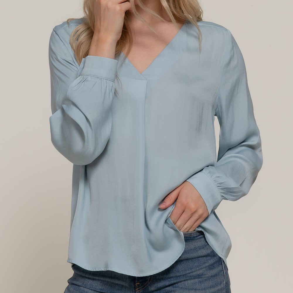 Blue Long Sleeve V-Neck with Pleats Satin Blouse