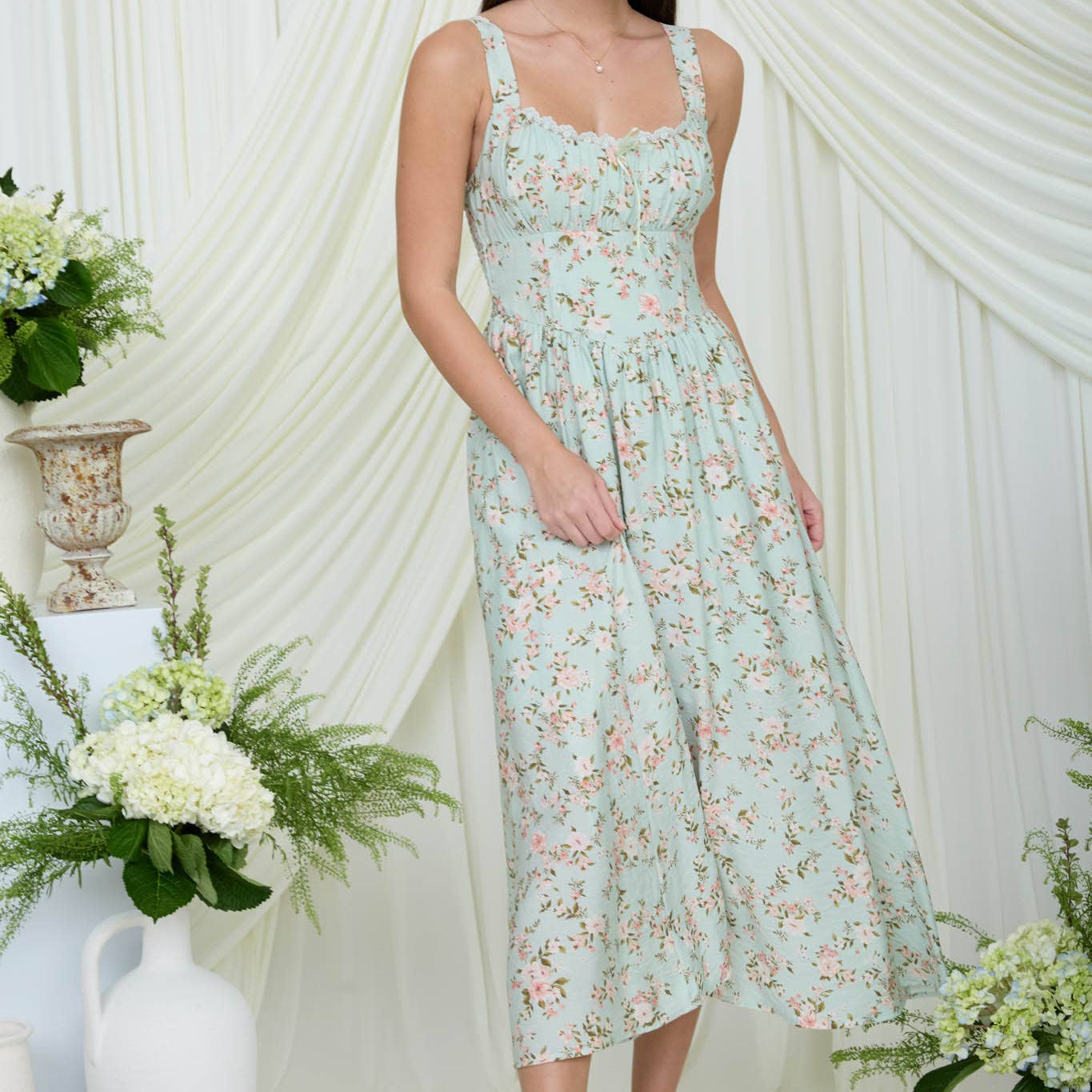 Garden Party Lace Trim Midi Dress