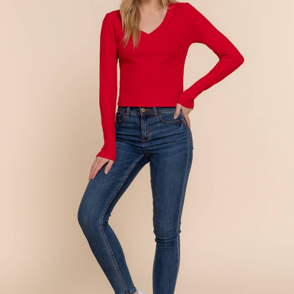 Long Sleeve V-Neck Thermal Crop Knit Top