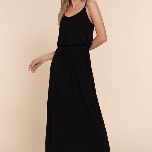 Black Elastic Waist Midi Cami Knit Dress