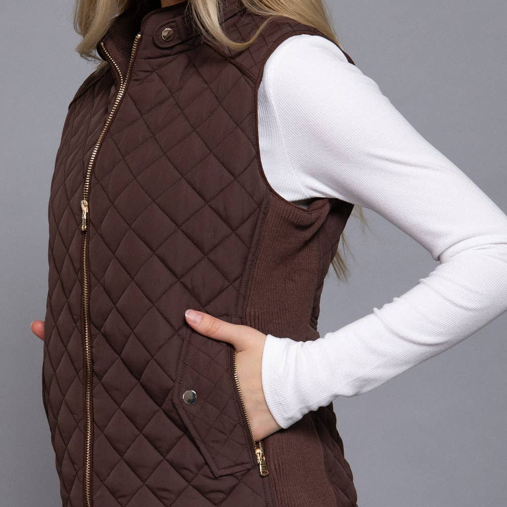 Brown Suede Piping Detail Rib Quilted Padding Vest 2916