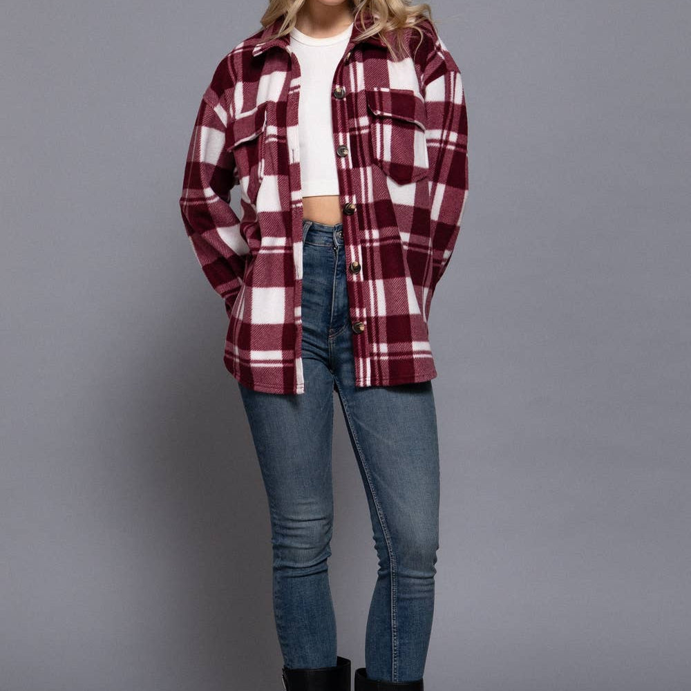 Burgundy Long Sleeve Check Printed Fleece Shacket 2925