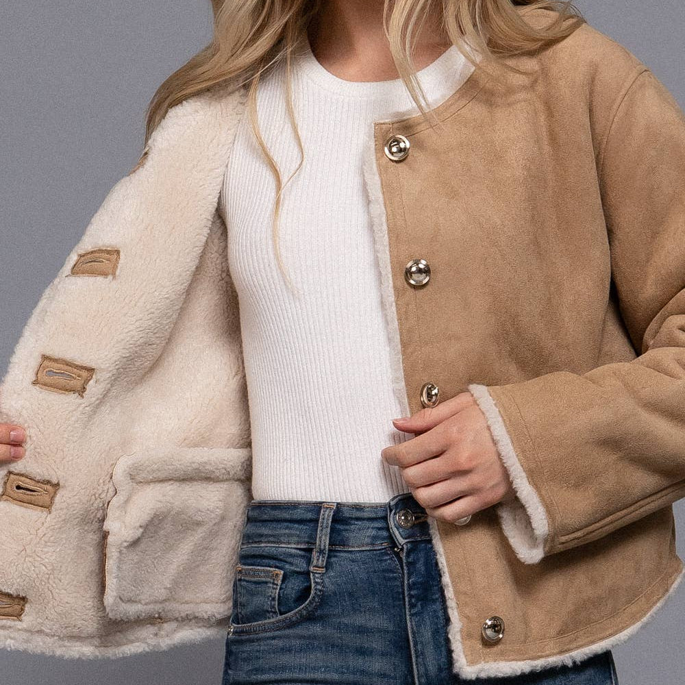 Long Sleeve Gold Button Faux Suede Jacket