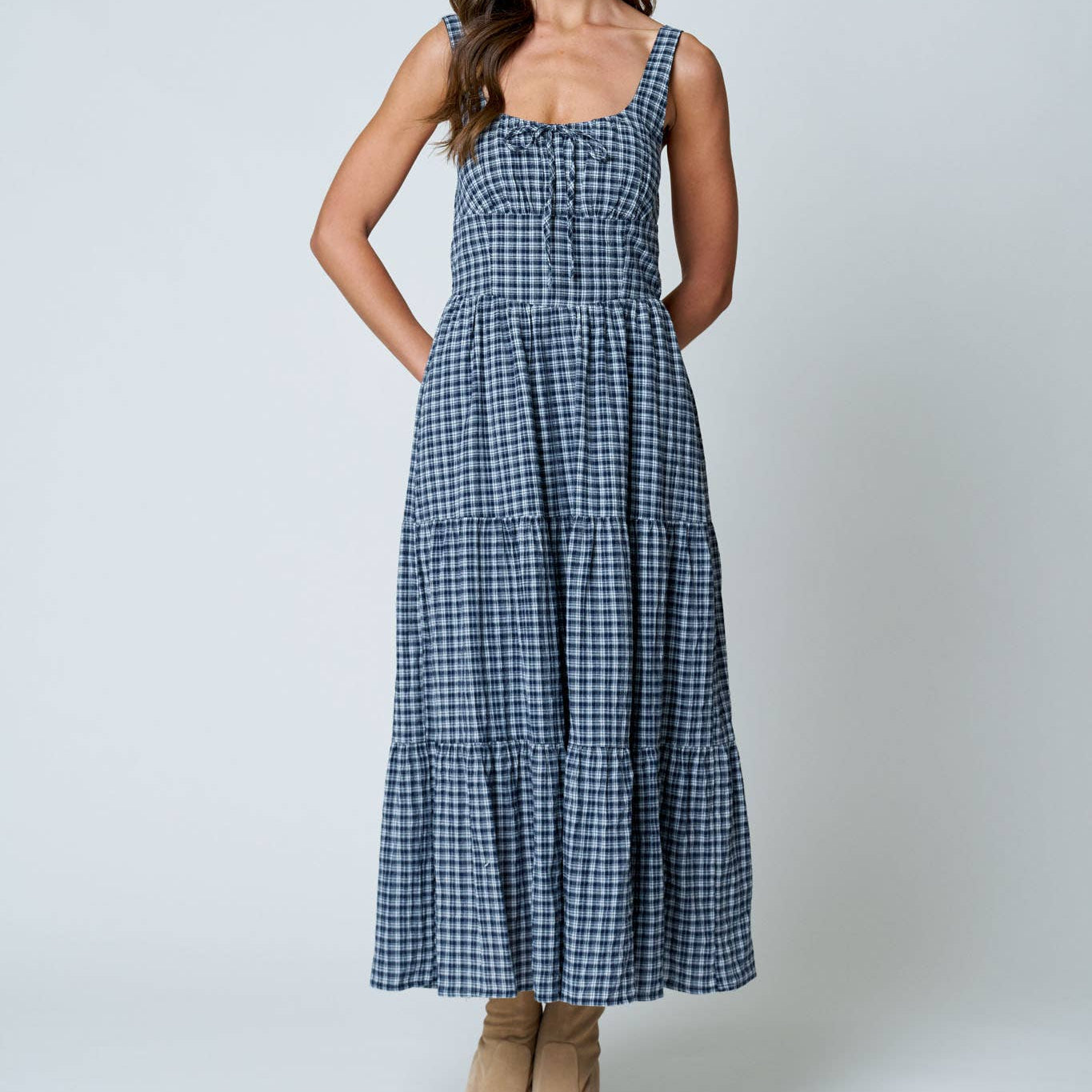 Plaid Front Tie Corset Detail Tiered Midi Dress