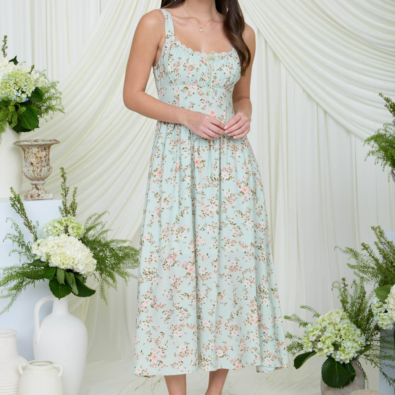 Garden Party Lace Trim Midi Dress
