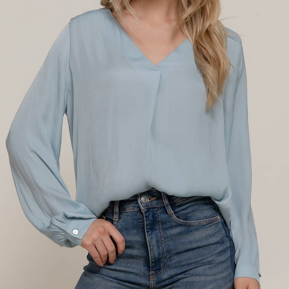 Blue Long Sleeve V-Neck with Pleats Satin Blouse
