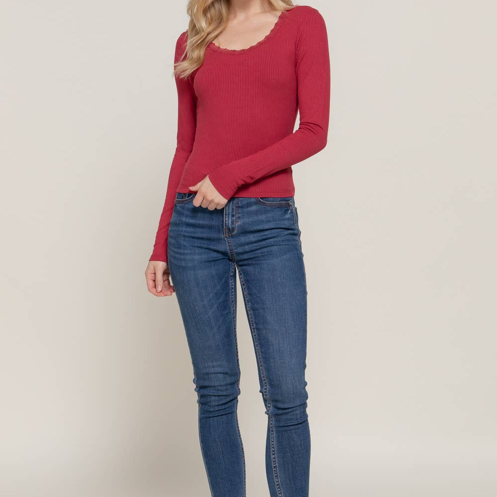 Long Sleeve Scoop Neck with Lace Trim Rib Knit Top