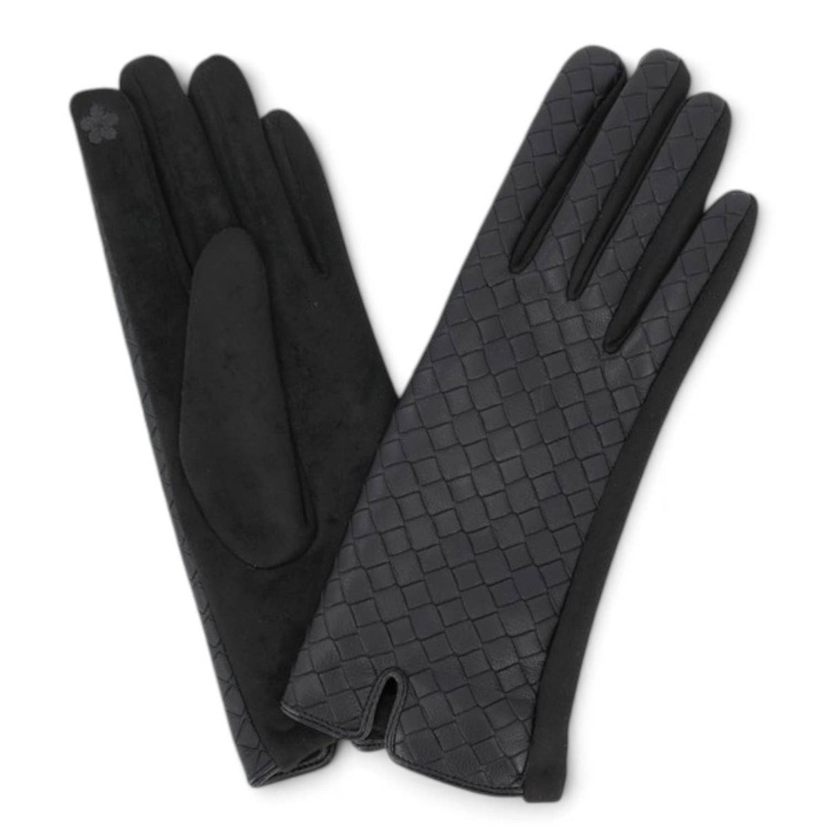 Quilted Faux Leather & Faux Suede Touchscreen Gloves in Black