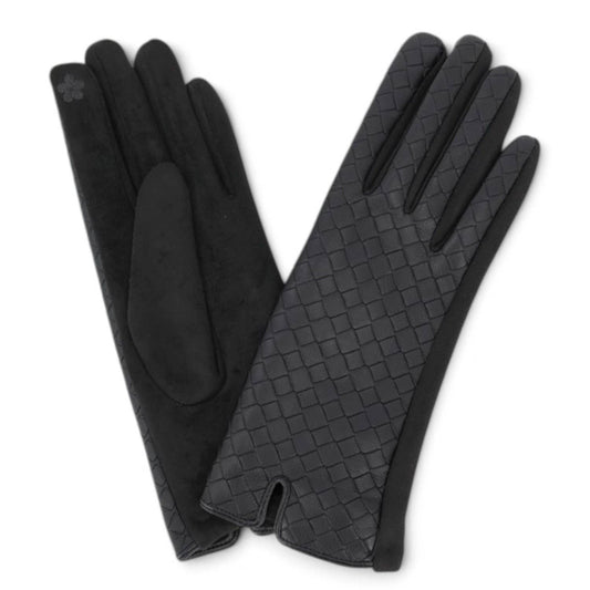 Quilted Faux Leather & Faux Suede Touchscreen Gloves in Black