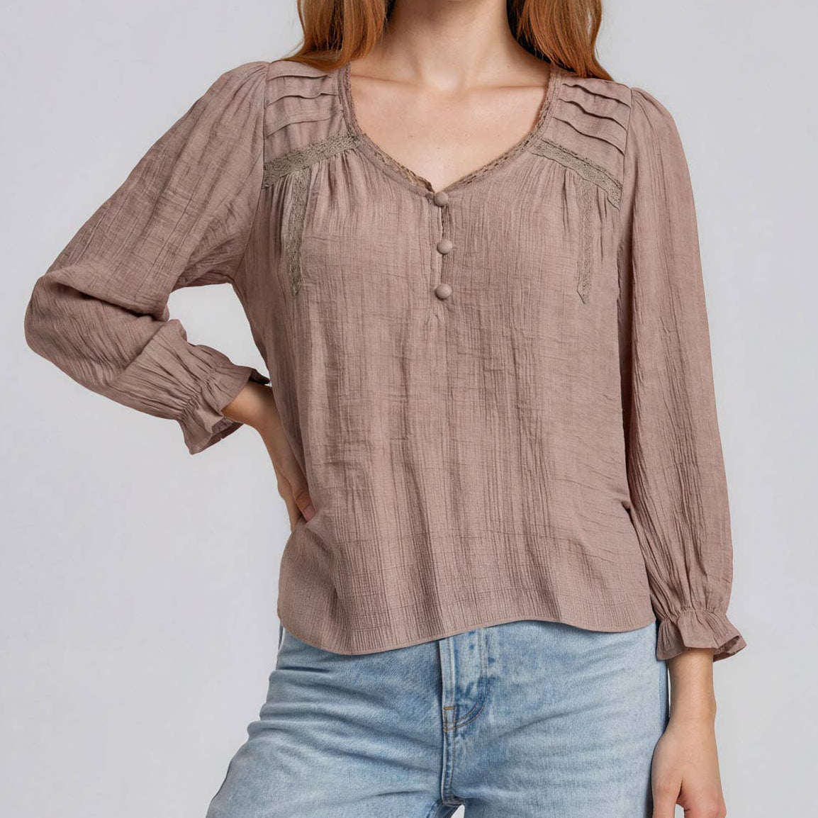 Crochet Trim V-Neck 3/4 Sleeve Top in Mocha 2884