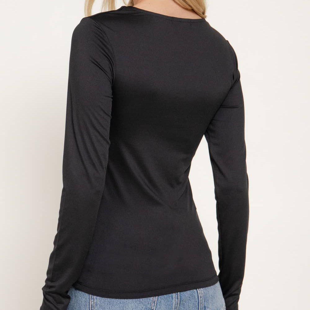 Black Long Sleeve Square Neck Double Layered Knit Top 2922