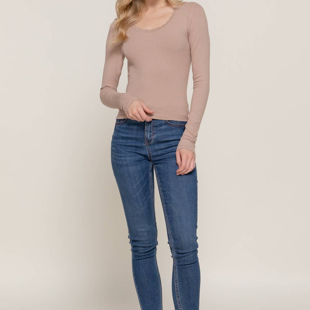 Khaki Long Sleeve Scoop Neck with Lace Trim Rib Knit Top 2915