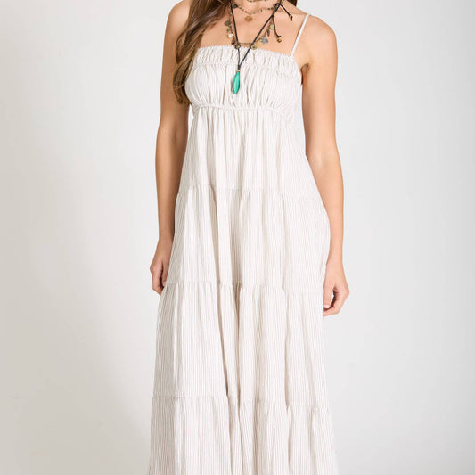 Stripe Shirred Empire Waist Tiered Midi Dress 2865