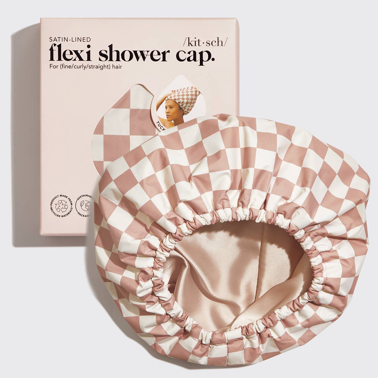 CC Satin Lined Flexi Shower Cap - Terracotta Checker