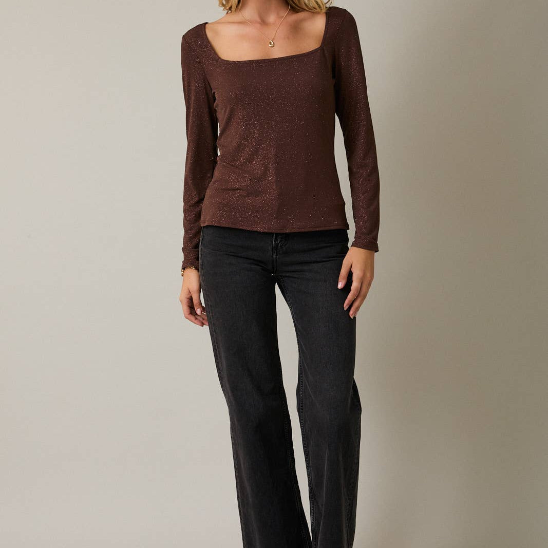 Brown Square Neck Long Sleeve Metallic Top