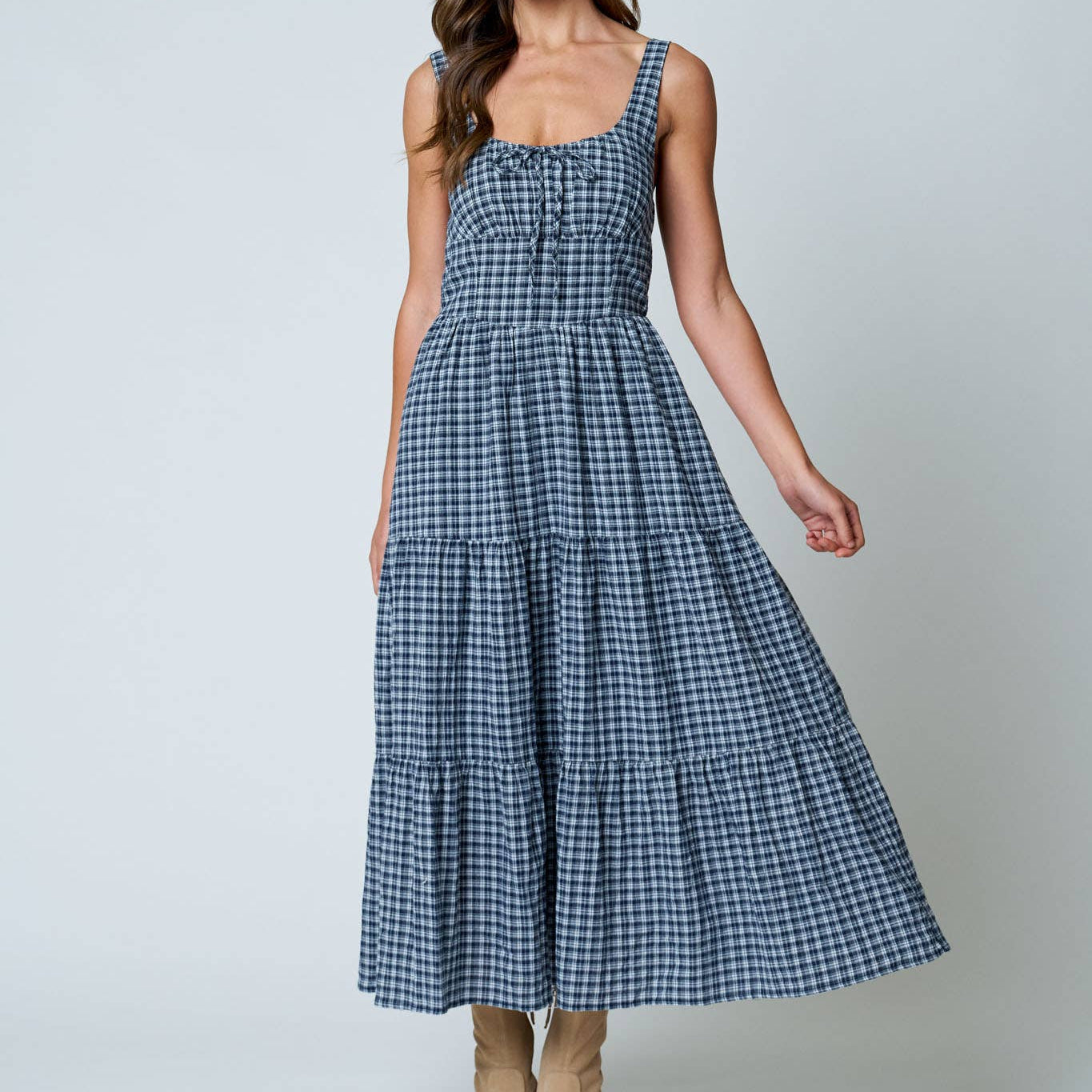 Plaid Front Tie Corset Detail Tiered Midi Dress