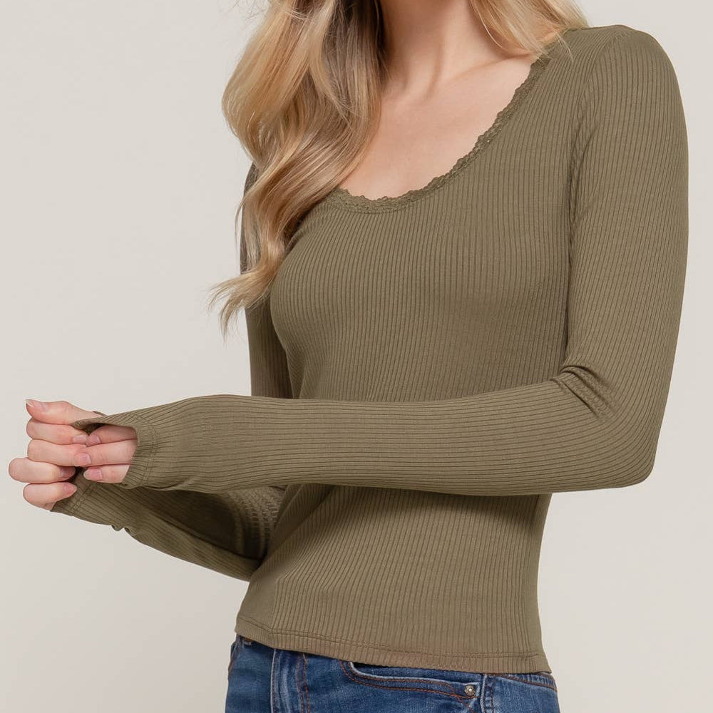 Long Sleeve Scoop Neck with Lace Trim Rib Knit Top