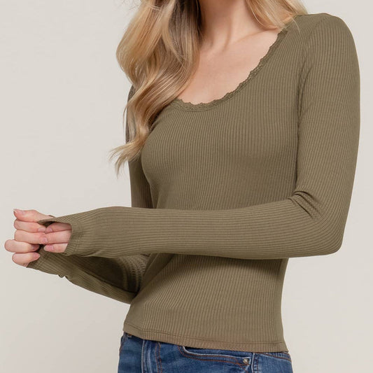 Long Sleeve Scoop Neck with Lace Trim Rib Knit Top