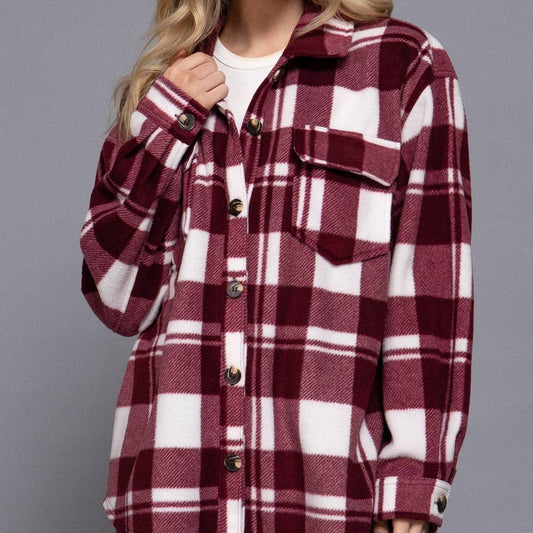 Burgundy Long Sleeve Check Printed Fleece Shacket 2925