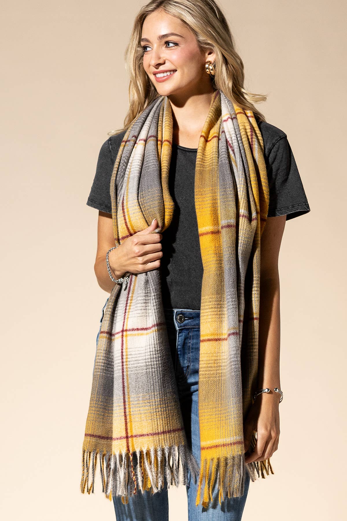 Mustard Yellow Plaid Fringe Scarf