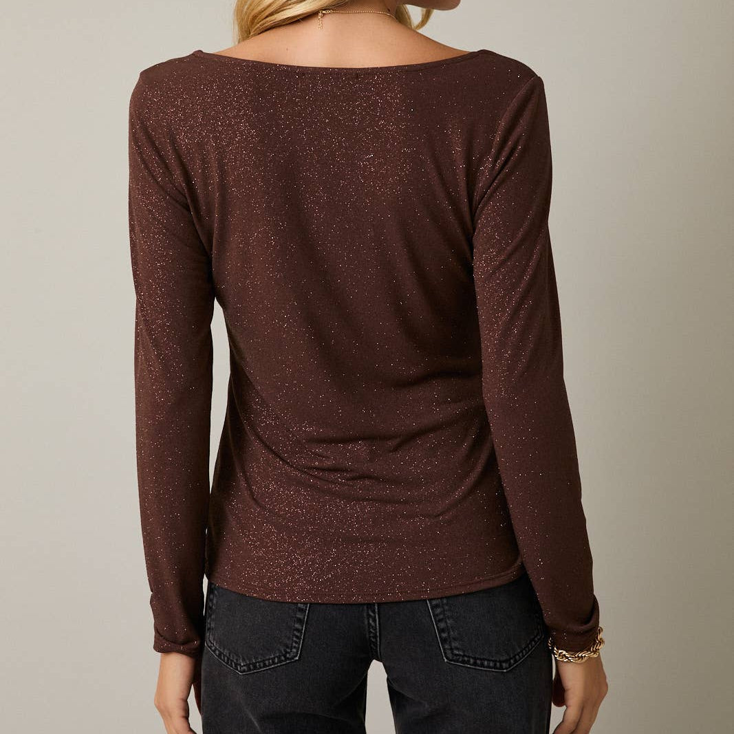 Brown Square Neck Long Sleeve Metallic Top